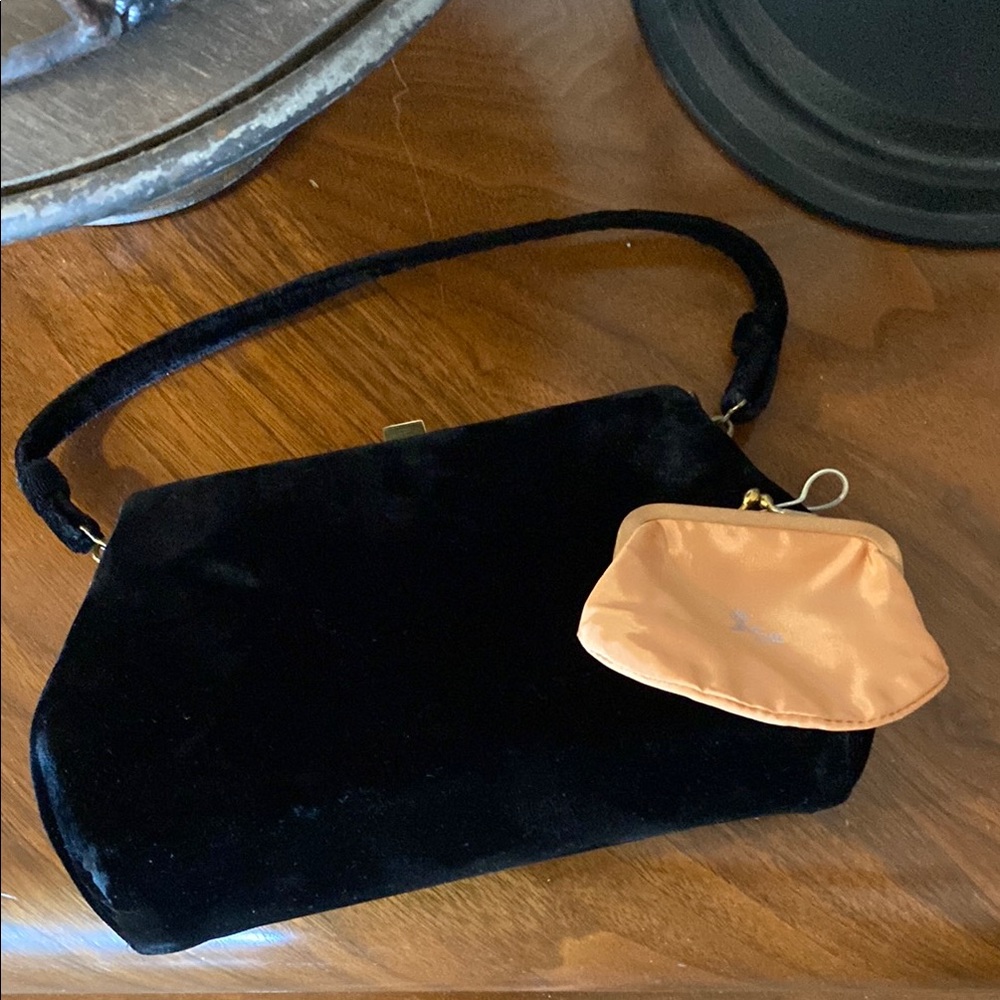 Black Velvet Mid Century L & M Bag with Attached Peach Coin Pouch!